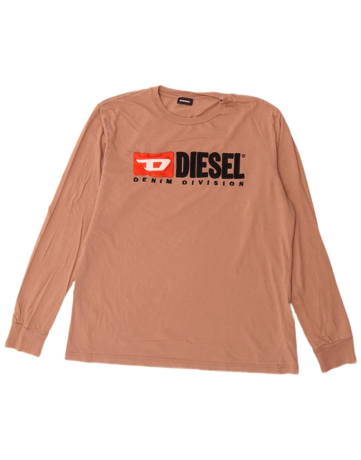 Diesel Męski graficzny top z długim rękawem, duży, brązowy, bawełniany