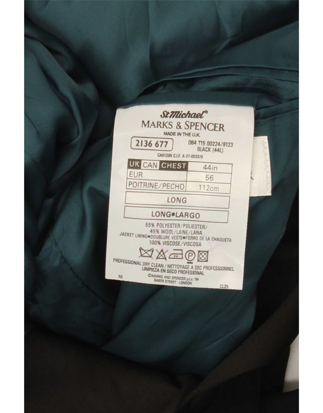 Marks & Spencer Męska długa marynarka zapinana na 2 guziki, UK 44 XL, czarny poliester