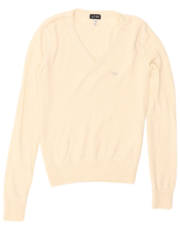 Damski sweter z dekoltem w serek Armani Jeans UK 4 XS w kolorze złamanej bieli, wiskoza