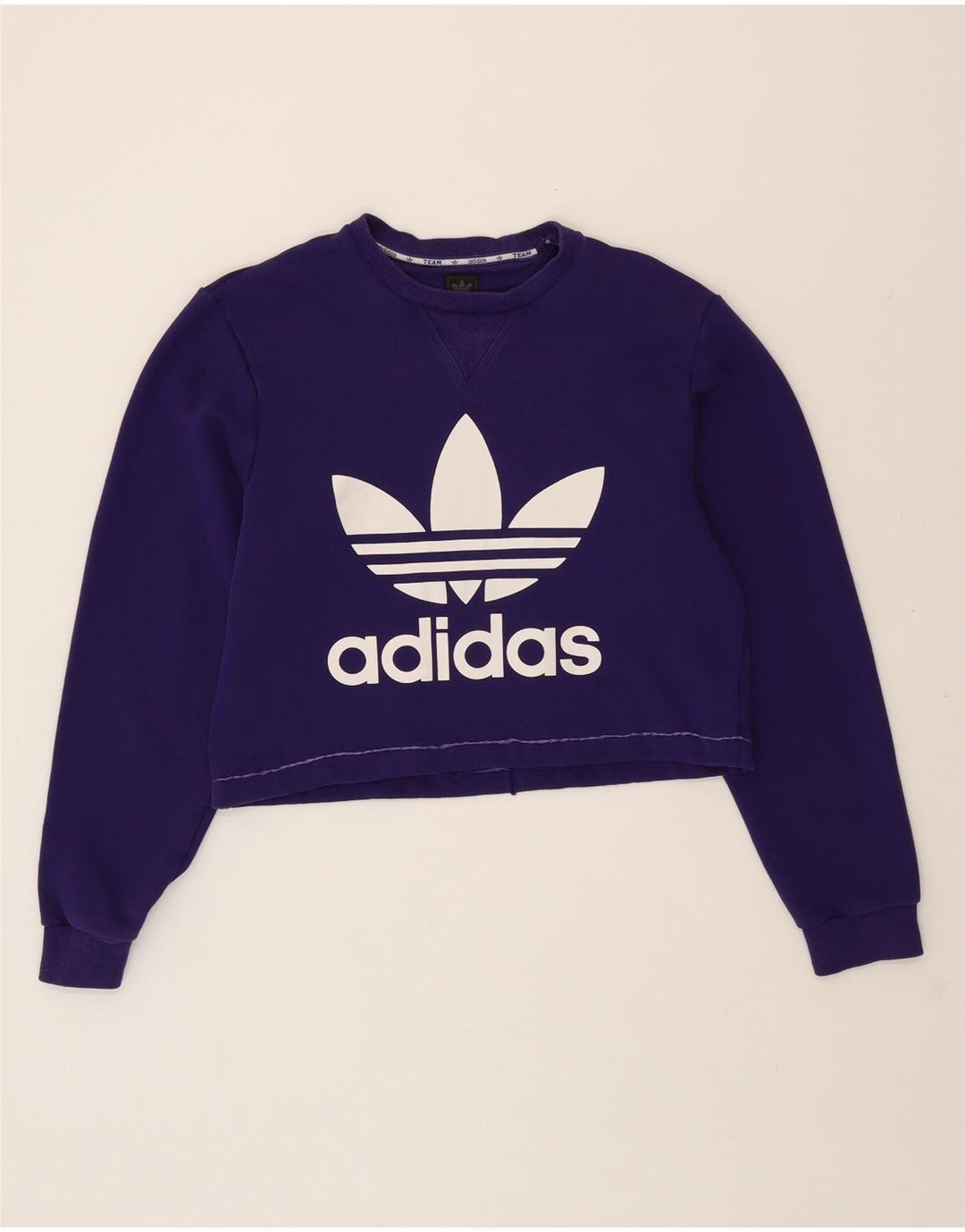 ADIDAS Womens Crop Graphic Sweatshirt Jumper UK 14 Medium Purple Vintage Adidas and Second-Hand Adidas from Messina Hembry 