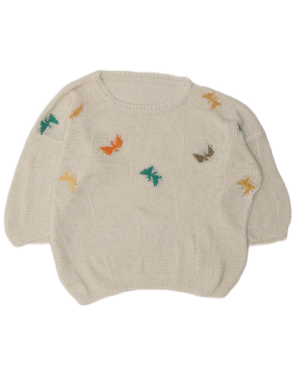 Vintage damski sweter z graficznym dekoltem w łódkę UK 18 XL biały motyl