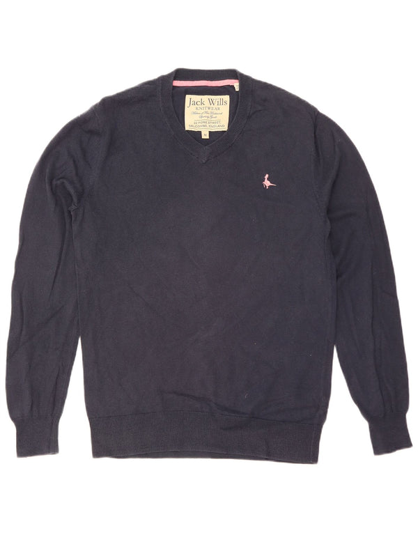 JACK WILLS Mens V-Neck Jumper Sweater Medium Navy Blue Cotton