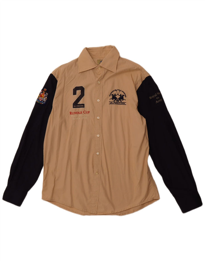 LA MARTINA Męska koszula z grafiką Royal Navy XL, beżowa, bawełniana z blokami kolorów