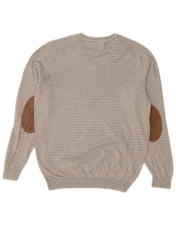 MASSIMO DUTTI Męski sweter z dekoltem w kształcie litery V, duży, bawełniany w szare paski