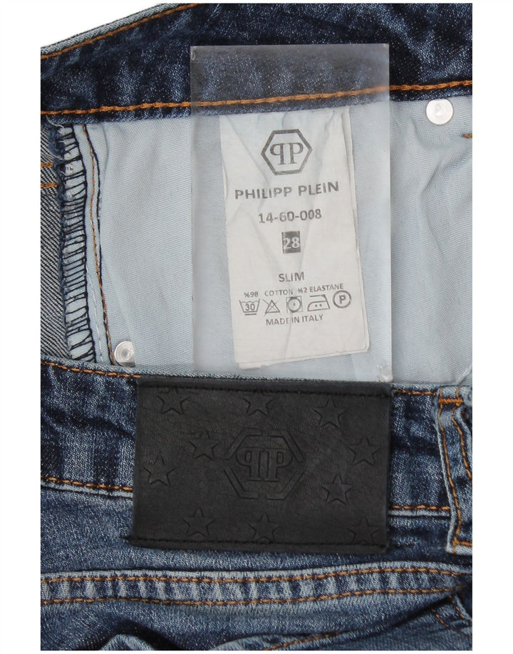 PHILIPP PLEIN Damskie jeansy typu slim, proste, w trudnej sytuacji W28 L30, niebieska bawełna