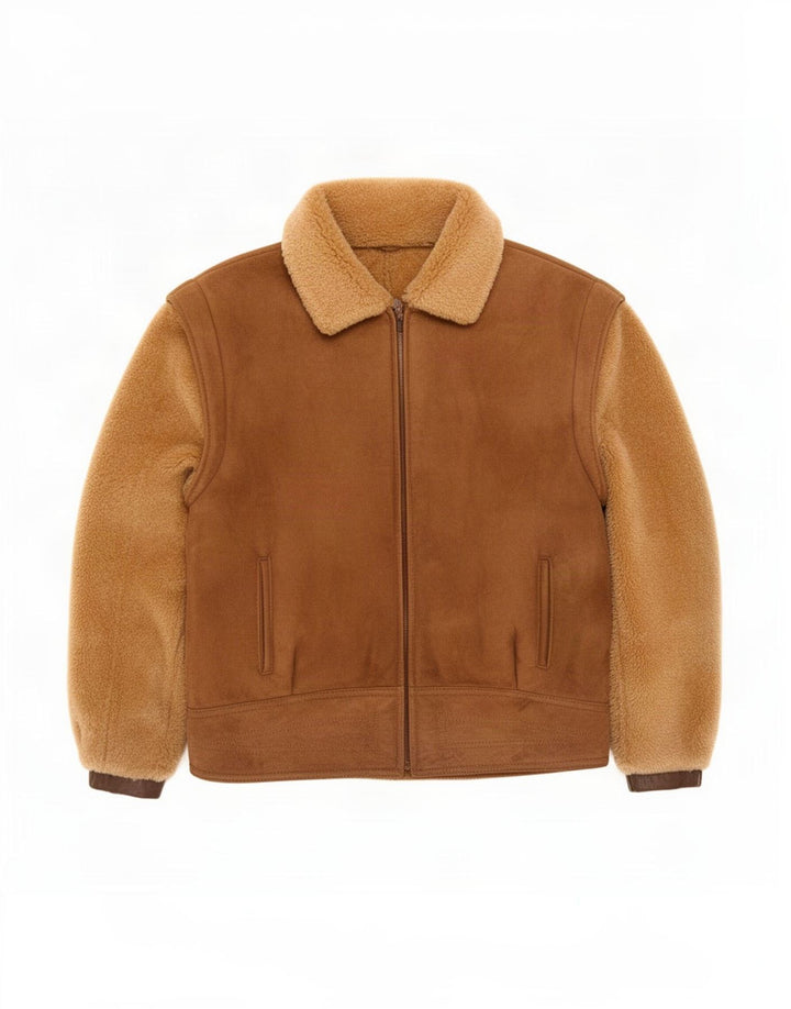 Męska zamszowa kurtka bomber w stylu vintage UK 40, duży beżowy blok kolorów