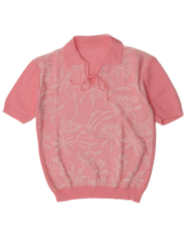 Vintage damski sweter polo UK 12 średni różowy kwiatowy retro