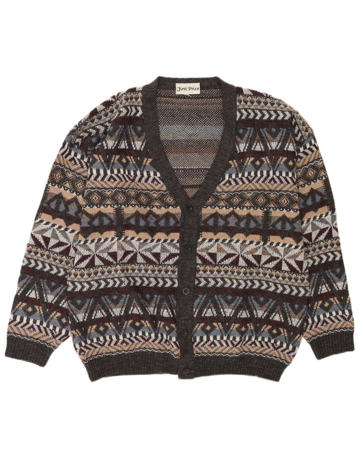 Sweter męski w stylu vintage, średnioszary, geometryczny, wełniany