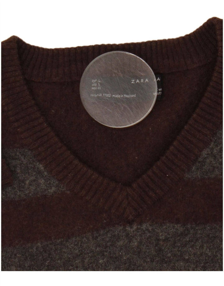 Męski sweter Zara z dekoltem w kształcie litery V, wełniany w średnie brązowe paski