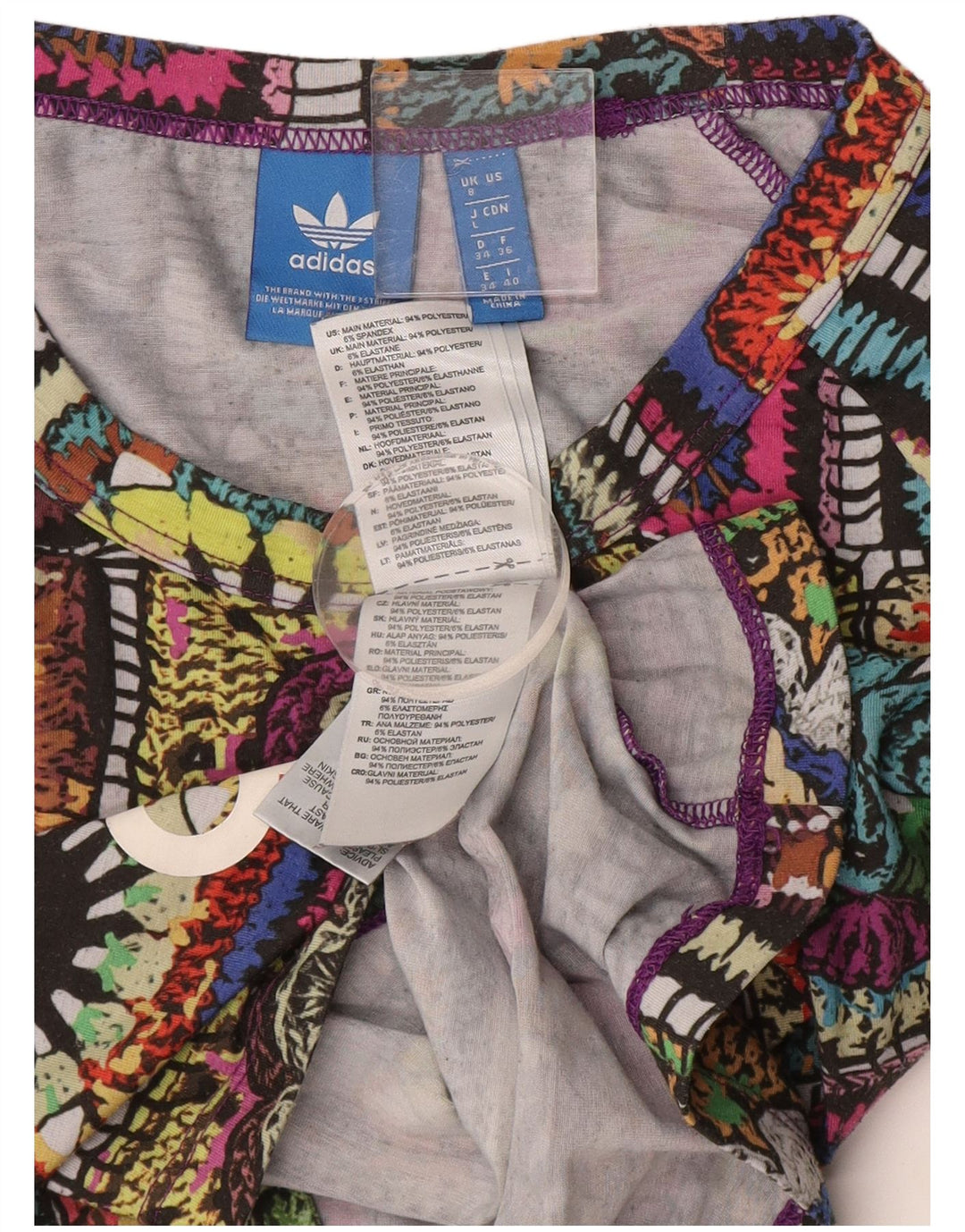 Damski top graficzny ADIDAS z długim rękawem, UK 8, mały, wielobarwny patchwork