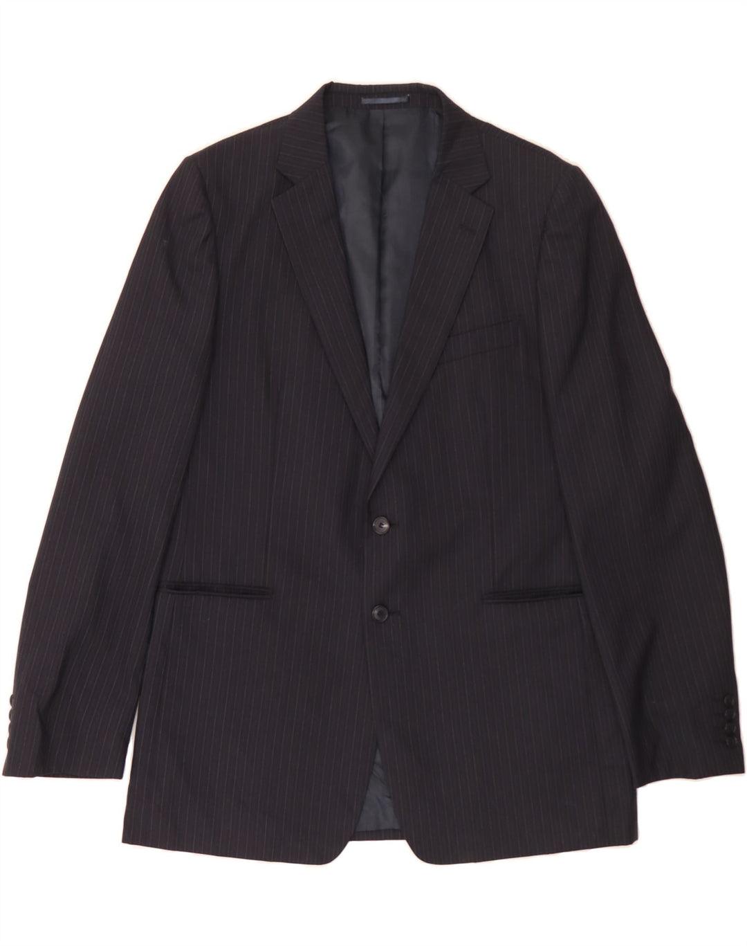 JAEGER Mens 2 Button Blazer Jacket UK 44 2XL Navy Blue Pinstripe Wool Vintage Jaeger and Second-Hand Jaeger from Messina Hembry 