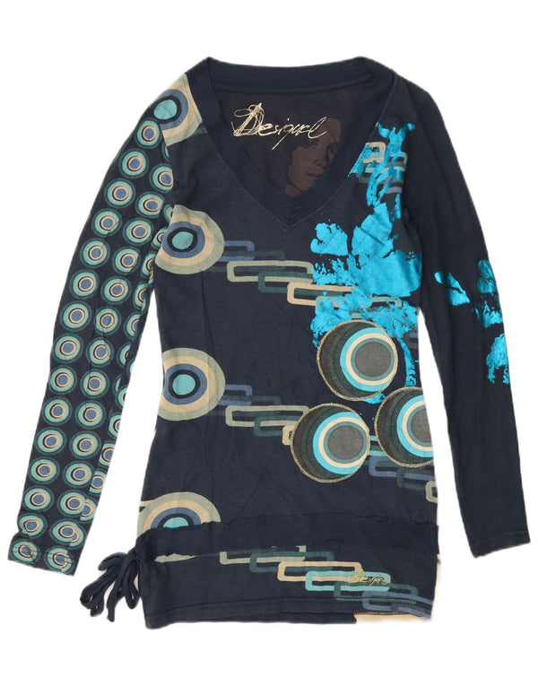 Desigual damski top graficzny z długim rękawem, UK 6 XS, granatowy, geometryczny, bawełniany