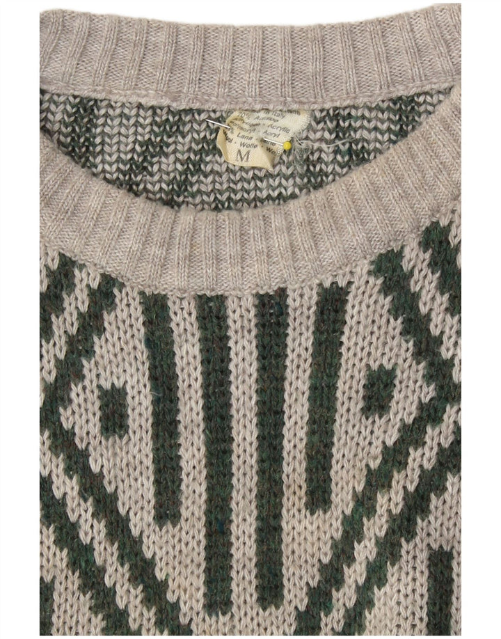 Vintage męski sweter z okrągłym dekoltem, średnio szary, geometryczny akryl