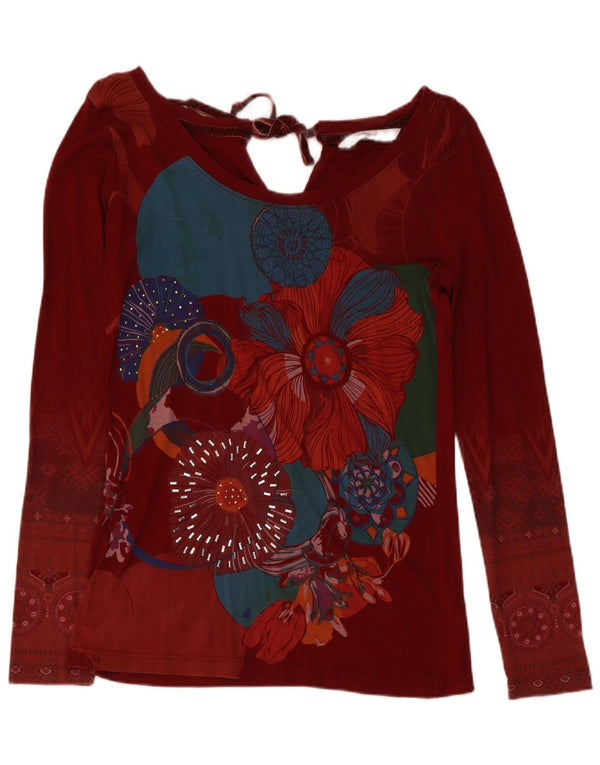 Desigual damski top z długim rękawem UK 10, mały, czerwony, bawełniany w kwiaty