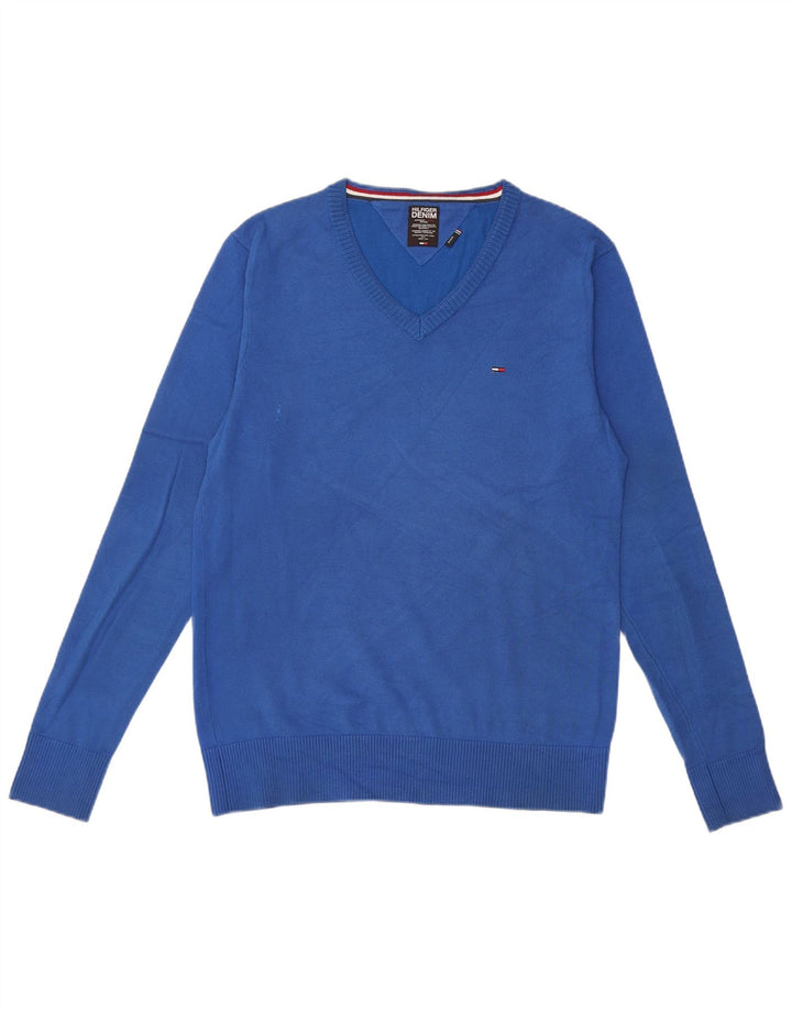 Męski sweter Tommy Hilfiger z dekoltem w kształcie litery V, średnioniebieski, bawełniany