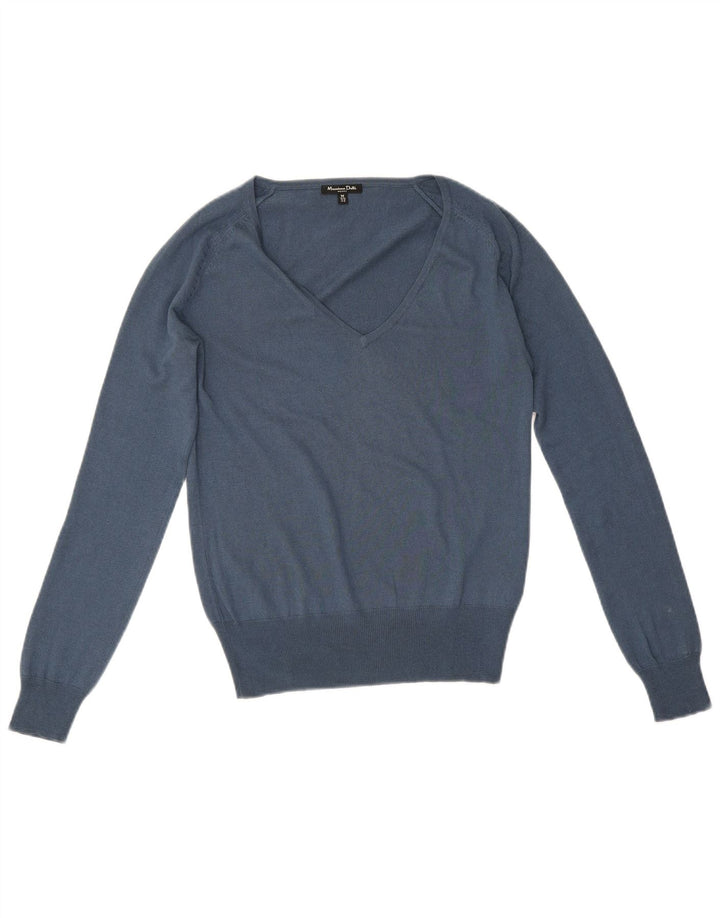 Sweter damski Massimo Dutti z dekoltem w kształcie litery V, UK 12, średni niebieski jedwab
