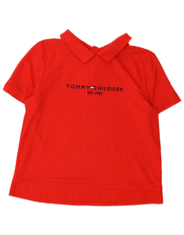 Damska koszulka polo Tommy Hilfiger z grafiką UK 14, duża, czerwona bawełna