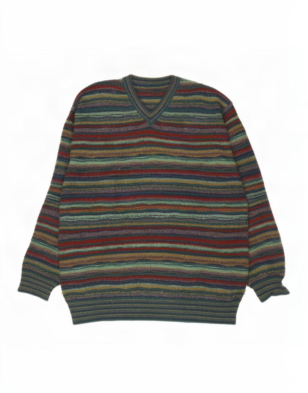 Vintage męski sweter z dekoltem w szpic, duży, wełniany zielony w paski