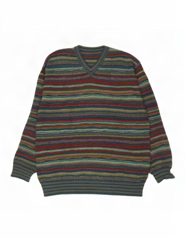 Vintage męski sweter z dekoltem w szpic, duży, wełniany zielony w paski