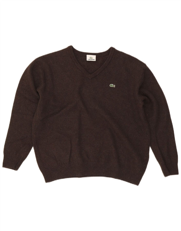 Męski sweter Lacoste z dekoltem w kształcie litery V, rozmiar 7, 2XL, brązowa wełna