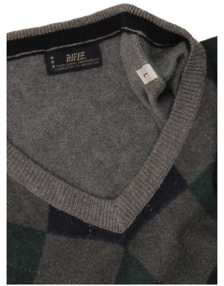 RIFLE Mens V-Neck Jumper Sweater Large Grey Argyle/Diamond