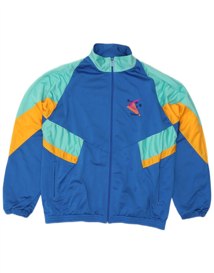 Vintage męska bluza dresowa z nadrukiem, rozmiar XL, kolor niebieski blokowy, poliester