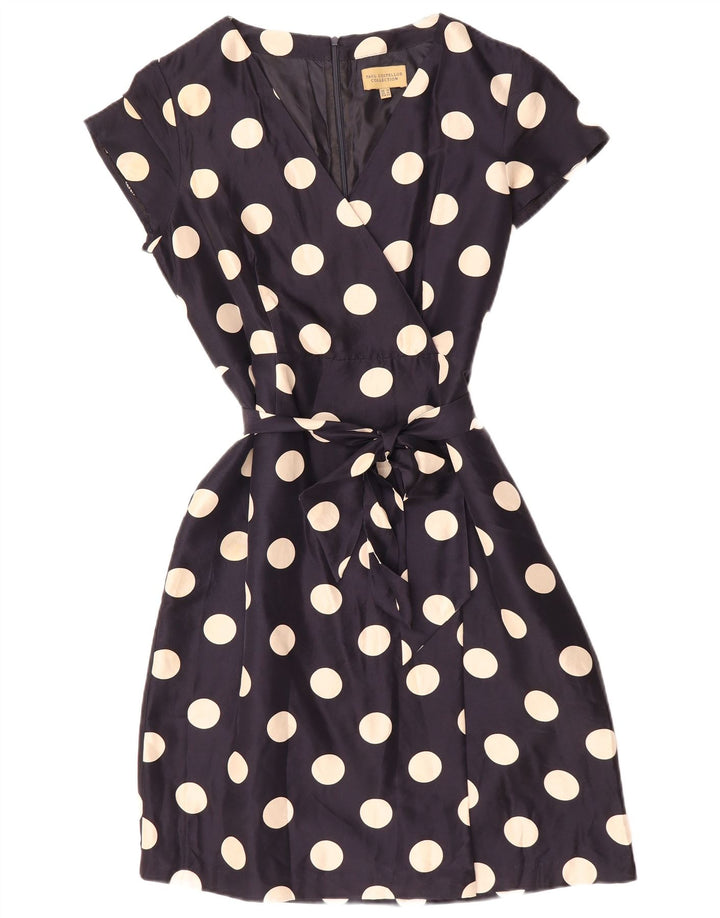 PAUL COSTELLOE Damska sukienka o linii A UK 16, duża, granatowa, jedwabna w kropki