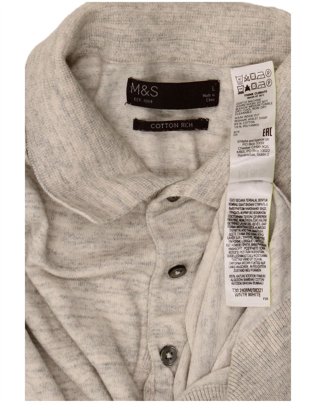 Marks & Spencer Męski sweter polo z dekoltem w serek, duży, szary, bawełniany w plamki