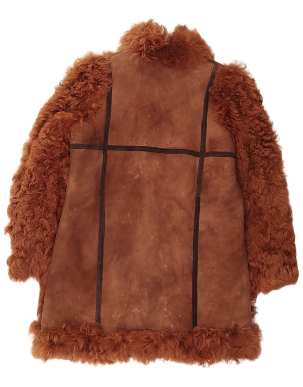 Vintage damski płaszcz shearling wiązany z przodu UK 16, duży brązowy