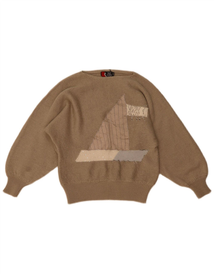 Damski sweter w stylu vintage z graficznym dekoltem w łódkę IT 42 Średni brąz