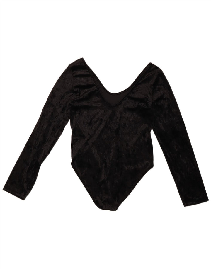 VINTAGE Damskie welurowe body z długim rękawem UK 10, małe, czarne, poliestrowe