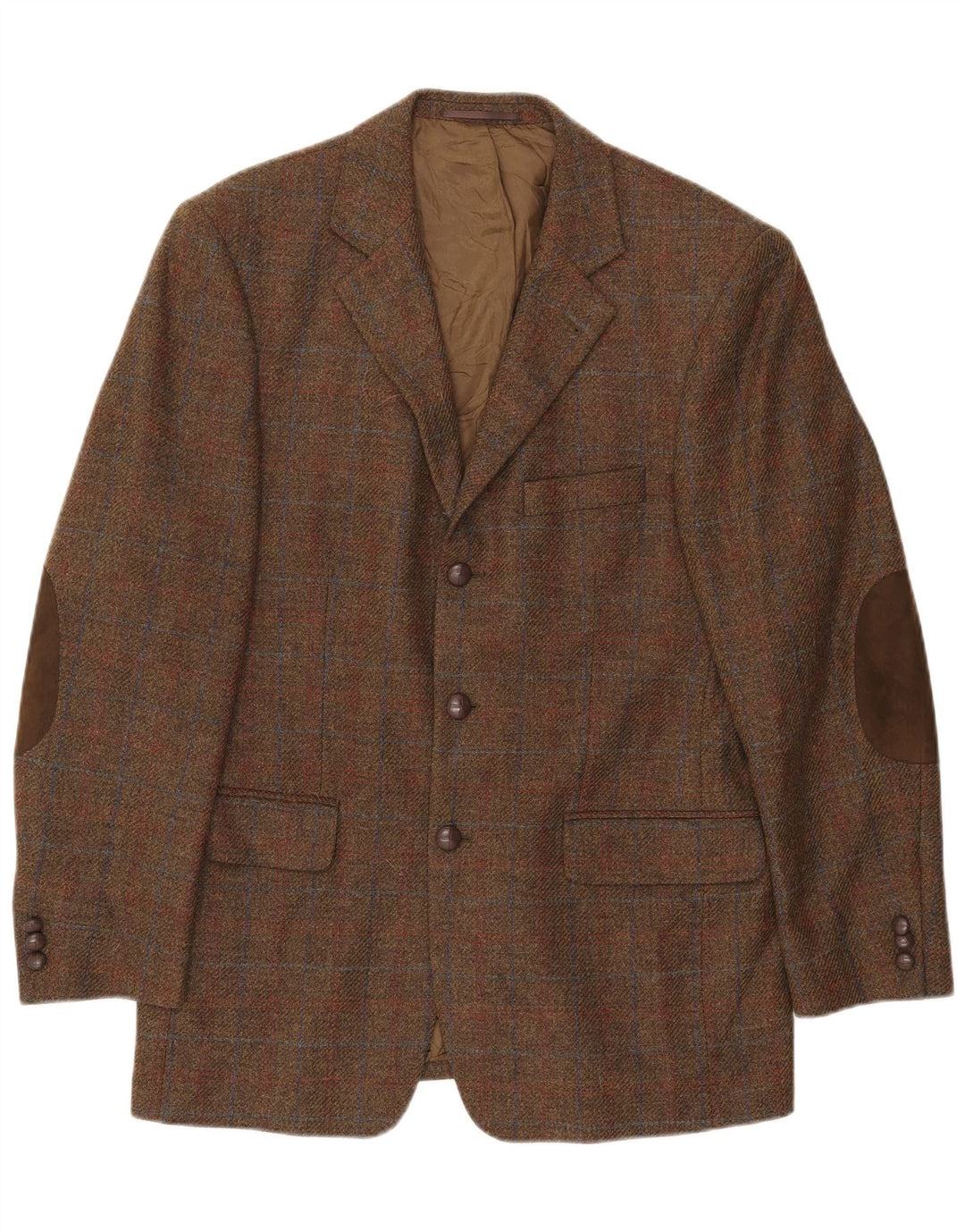 Męska marynarka zapinana na 3 guziki Gilberto UK 40 Duża brązowa kratka z dziewiczej wełny