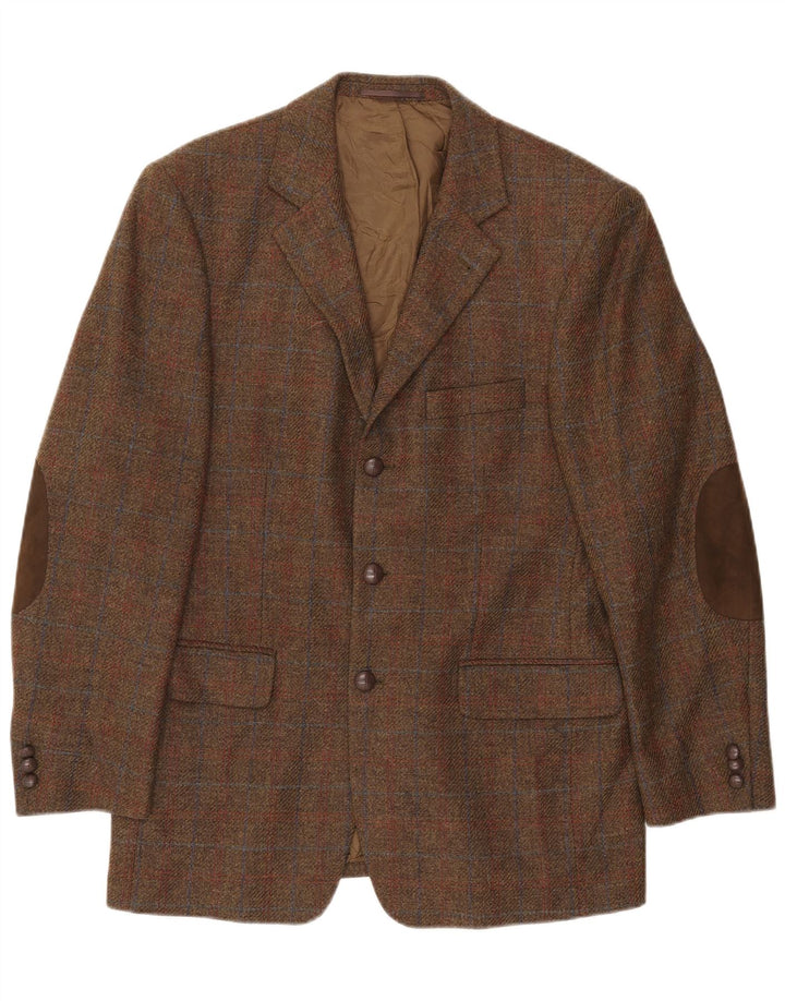 Męska marynarka zapinana na 3 guziki Gilberto UK 40 Duża brązowa kratka z dziewiczej wełny