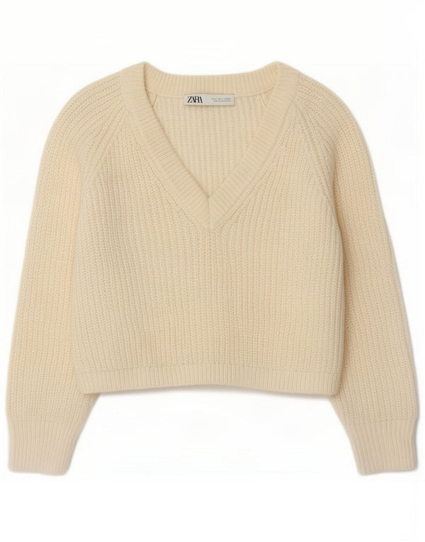 Damski sweter Zara z dekoltem w kształcie litery V, UK 10, mały, złamany biały akryl