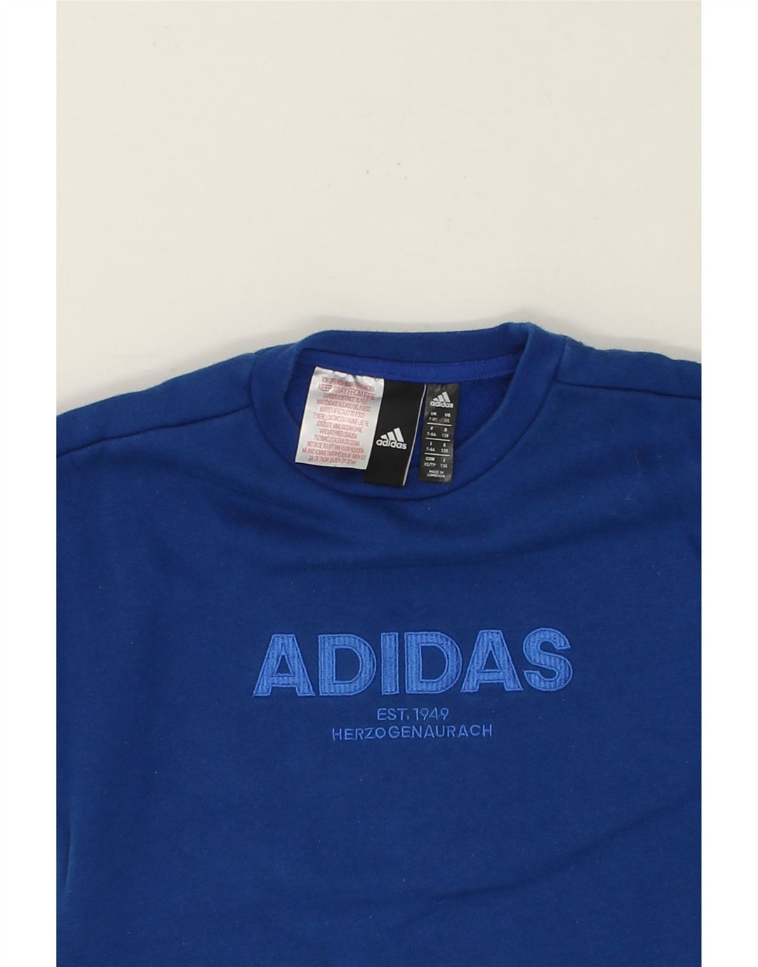 ADIDAS Boys Graphic Sweatshirt Jumper 7-8 Years Blue Cotton Vintage Adidas and Second-Hand Adidas from Messina Hembry 