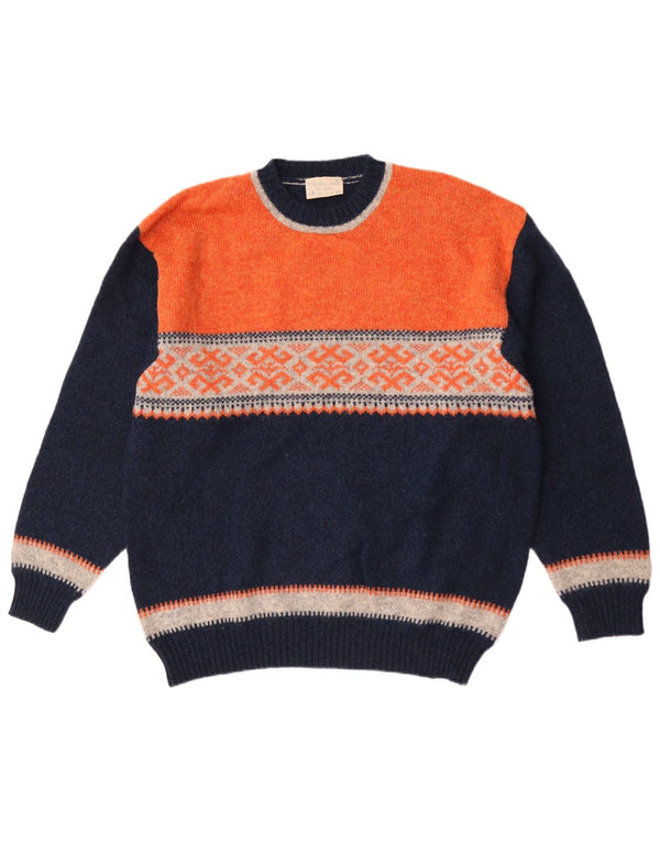 Vintage męski sweter z okrągłym dekoltem, duży, granatowy, wełniany blok kolorów