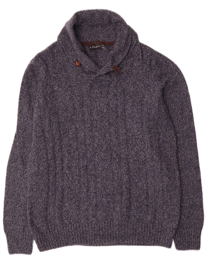 Męski sweter Zara z szalowym dekoltem, duży, granatowy, wełniany w cętki