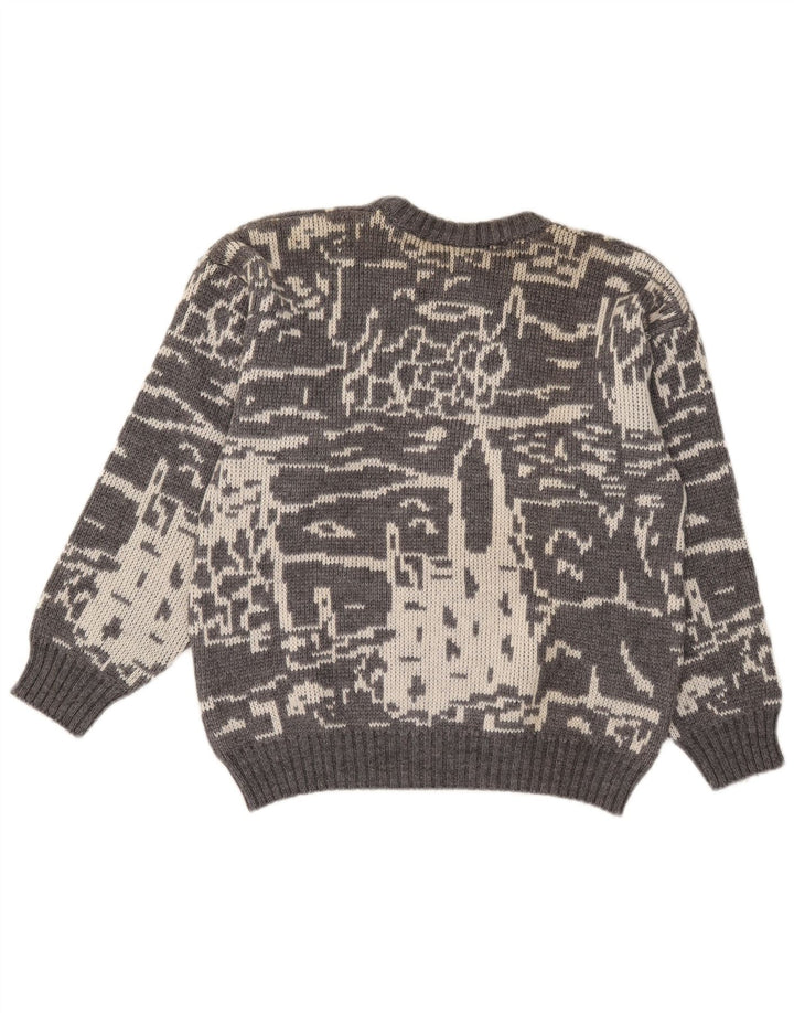 Vintage męski sweter z abstrakcyjnym wzorem i okrągłym dekoltem, mały szary
