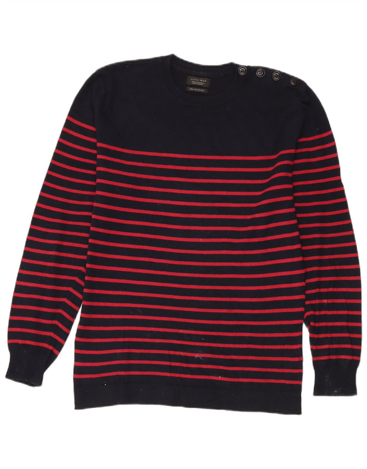 Męski sweter Zara z okrągłym dekoltem, bawełniany, w kolorze średniego granatu w paski