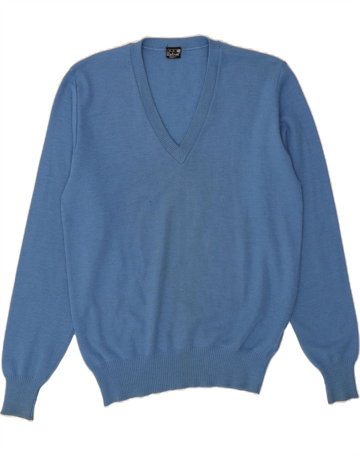 VINTAGE Mens V-Neck Jumper Sweater Small Blue Wool Vintage Vintage and Second-Hand Vintage from Messina Hembry 