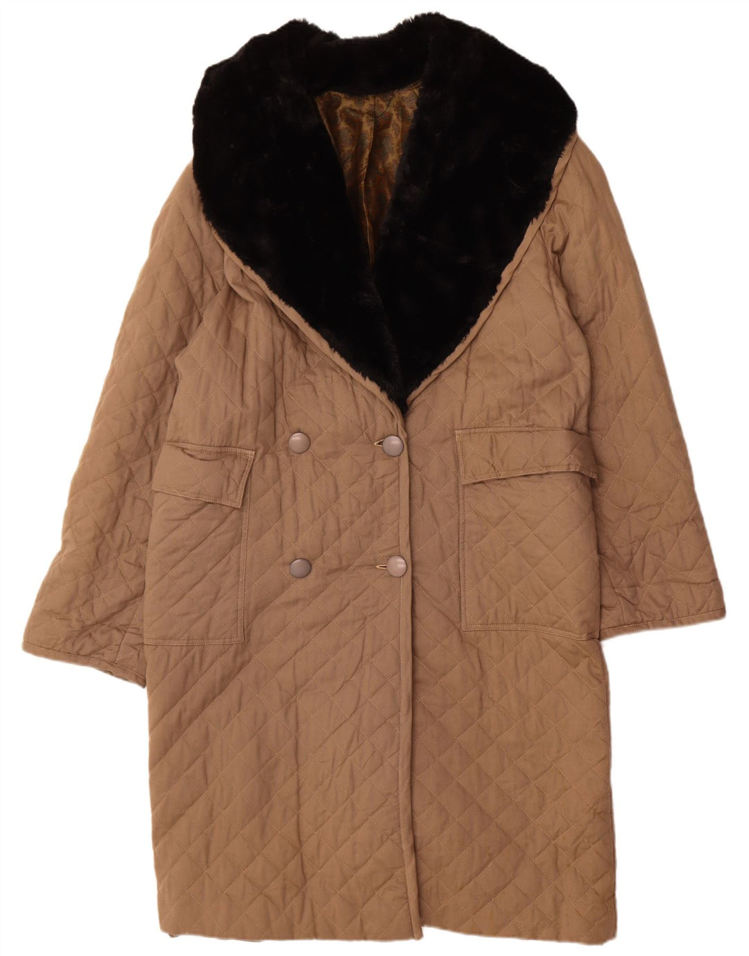 VINTAGE Womens Quilted Double Breasted Coat UK 14 Medium Beige Cotton