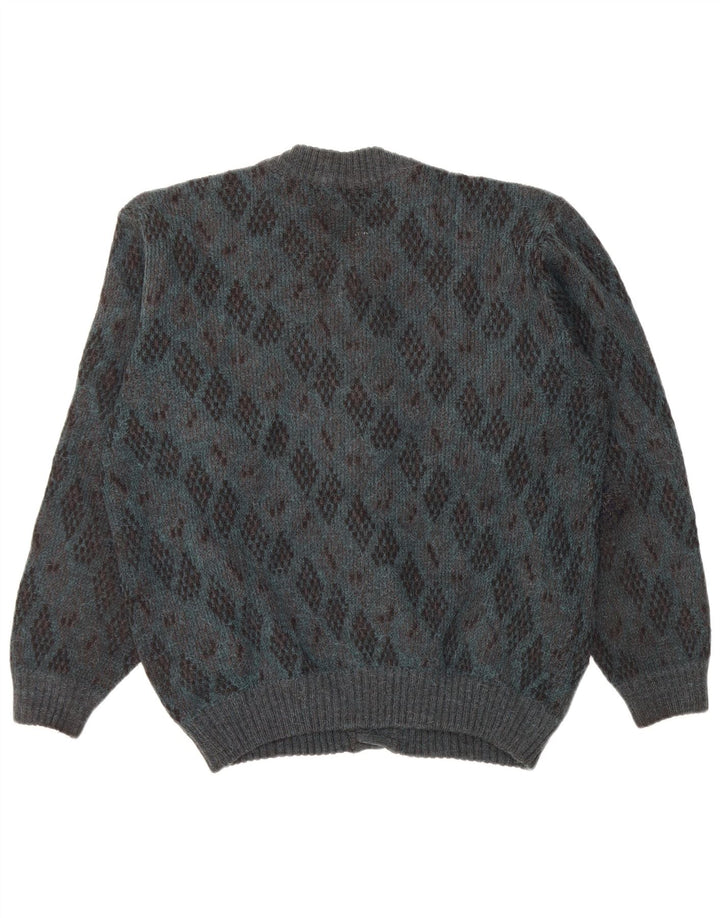 Vintage męski sweter rozpinany, duży, niebieski Argyle/diamentowa wełna z alpaki