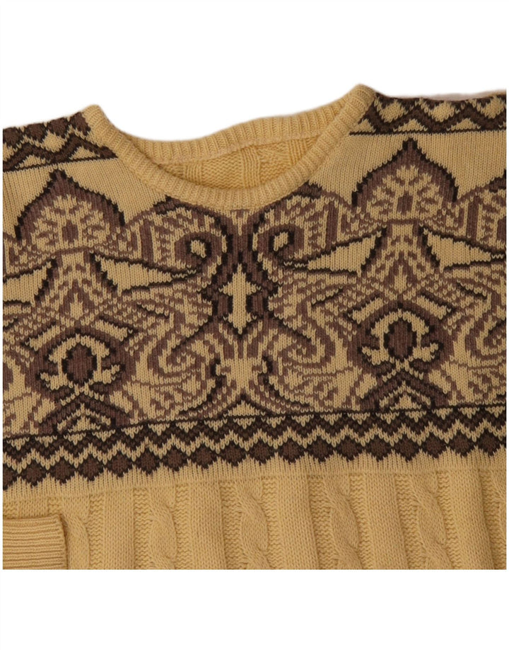 Męski sweter z okrągłym dekoltem w stylu VINTAGE, duży, żółty, wełniany Fair Isle