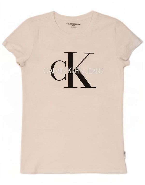 Damska koszulka graficzna Calvin Klein Jeans Top UK 10 Small White Cotton