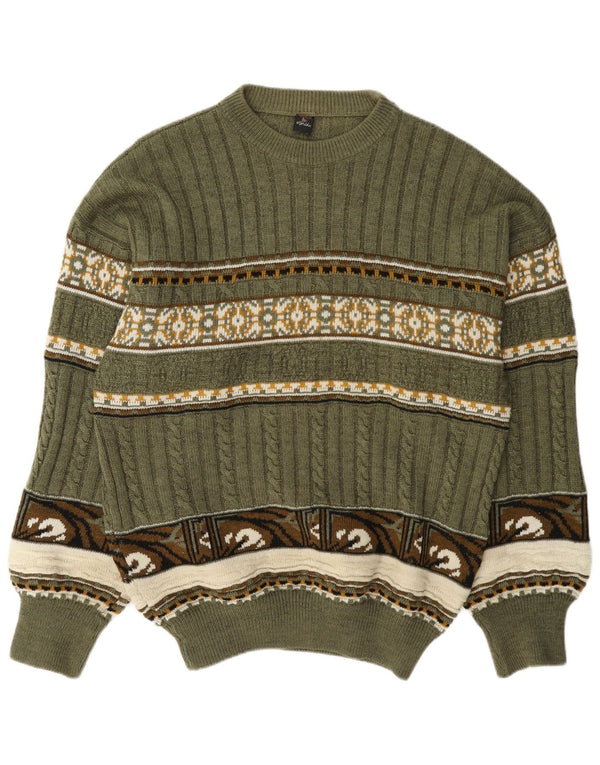 Vintage męski sweter z okrągłym dekoltem, średnio zielony Fair Isle