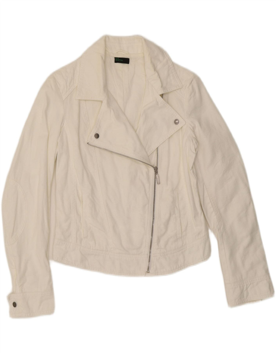 BENETTON Womens Crop Biker Jacket UK 12 Medium White Cotton Vintage Benetton and Second-Hand Benetton from Messina Hembry 