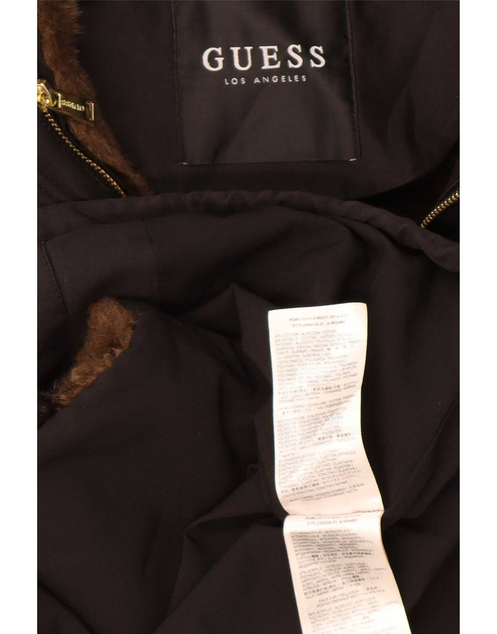 Damska kurtka parka z kapturem Guess z grafiką UK 6 XS, czarna, poliestrowa