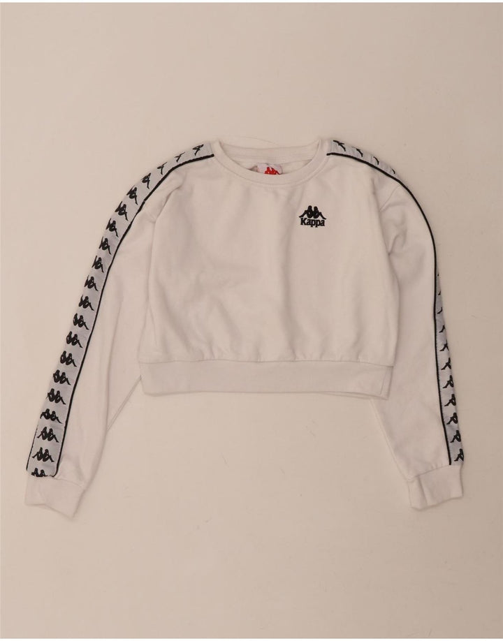 KAPPA Womens Oversized Crop Graphic Sweatshirt Jumper UK 10 Small White Vintage Kappa and Second-Hand Kappa from Messina Hembry 