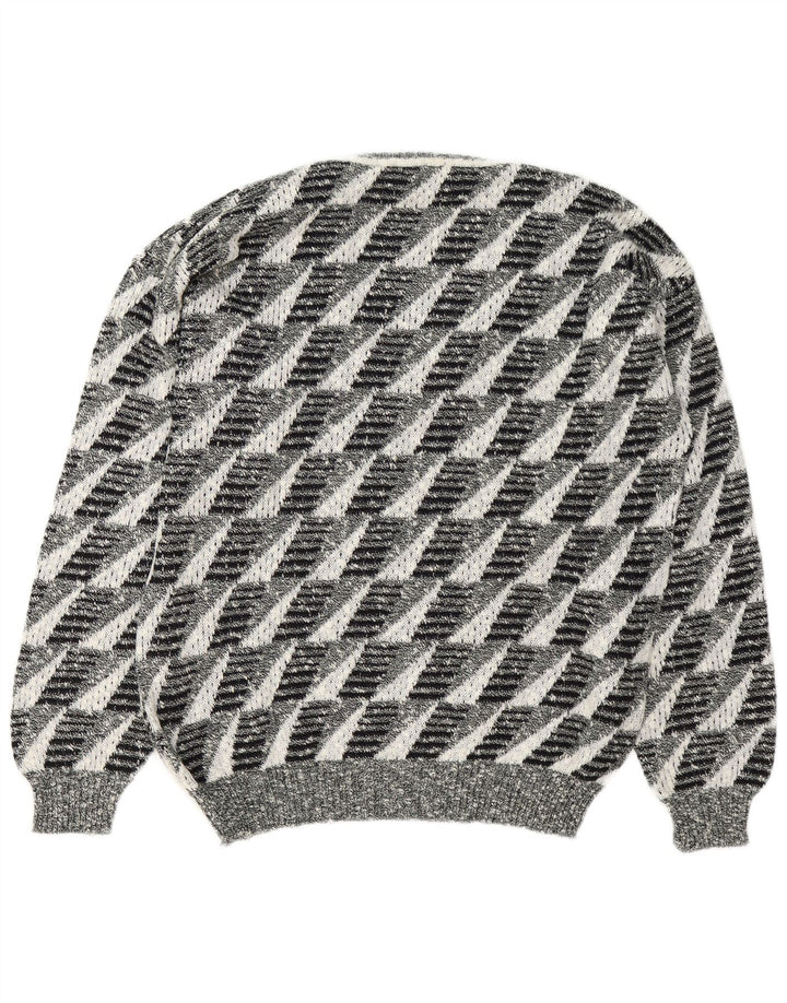 Męski sweter w stylu vintage z dekoltem w szpic, duży, szary, geometryczny