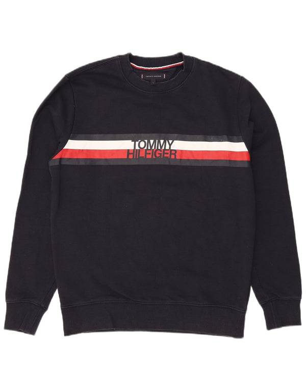 Męski sweter TOMMY HILFIGER z grafiką, duży, granatowy, z blokami kolorów